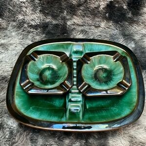 Rare and unique Green Blue Mountain  Ceramic Ashtrays set of 3